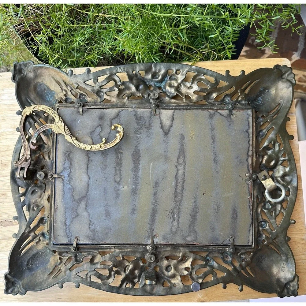 Victorian Antique Art Nouveau Frame Bevel Mirror‎ 16.5x13 Inch Ornate Bronze